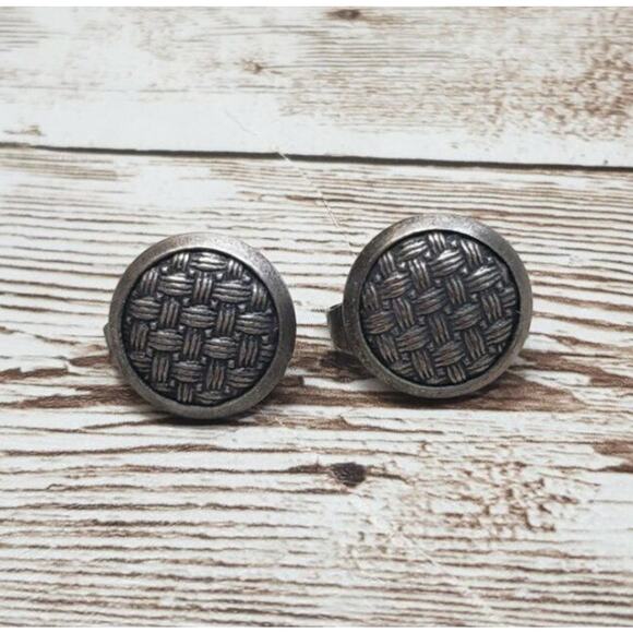 Vintage Clip On Earrings - Dark Silver Tone Cris-Cross Woven Pattern Circle - Picture 2 of 5
